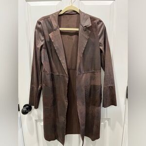 Distressed Leather-look Brown Women's Long Open Front Coat